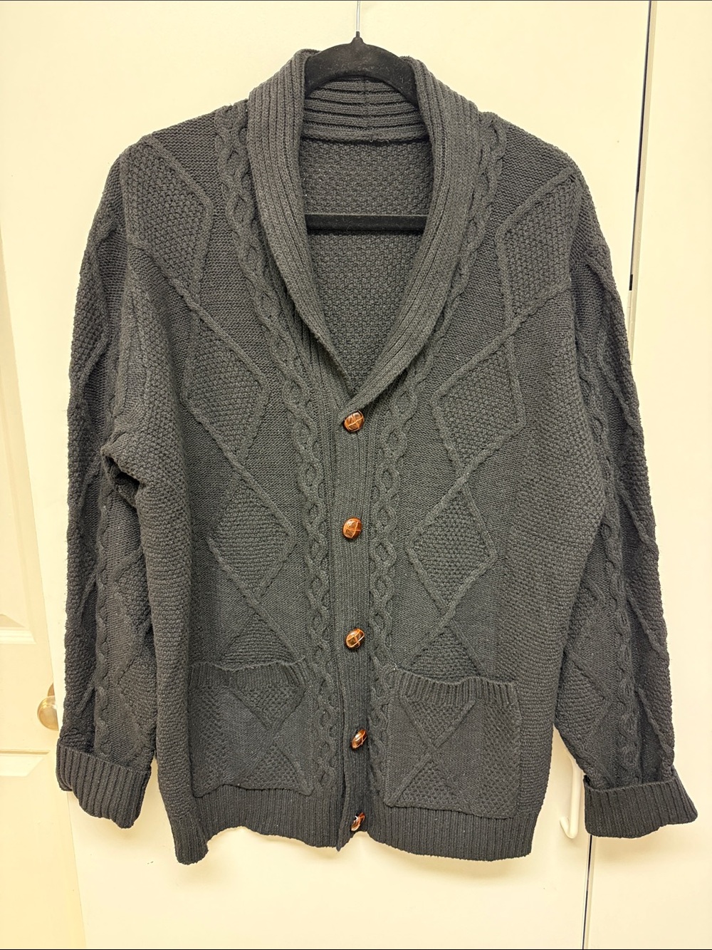 Men's Shawl Collar Cable Knit Cardigan - Dark Gray